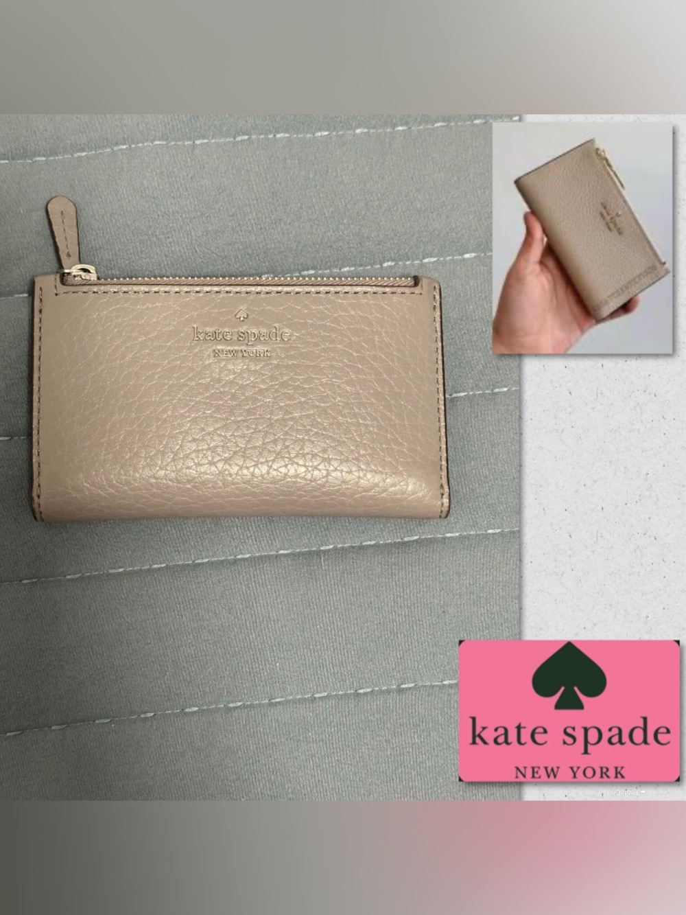 kate spade pebble leather zip card case in taupe gray